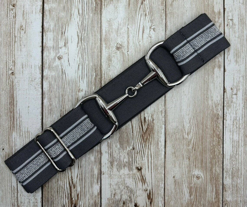1.5" Equestrian Elastic Bit Buckle Belt - Grey Silver Stripe
