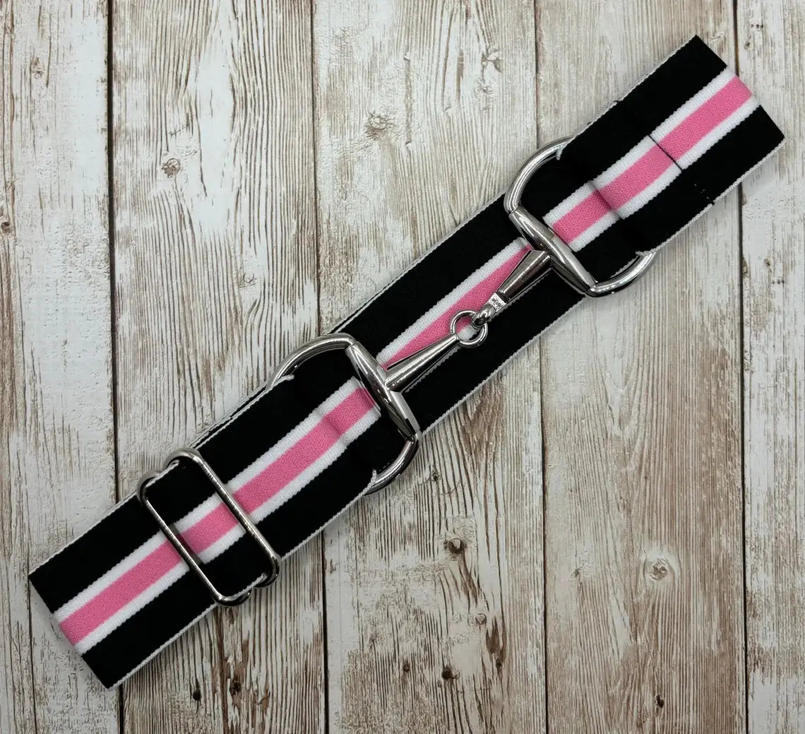 1.5" Equestrian Elastic Bit Buckle Belt - Black, Pink Stripe