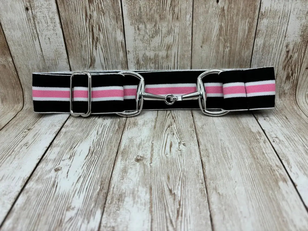 1.5" Equestrian Elastic Bit Buckle Belt - Black, Pink Stripe