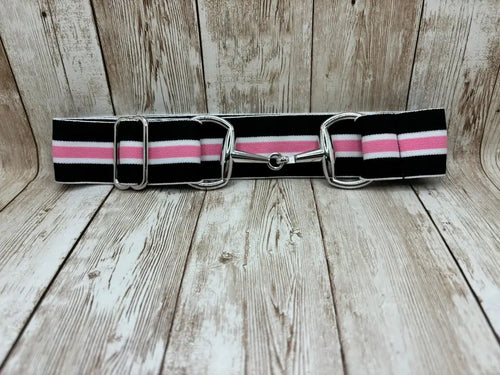 1.5" Equestrian Elastic Bit Buckle Belt - Black, Pink Stripe